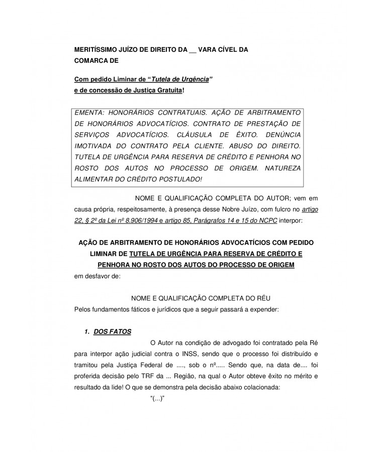 Inicial Ação De Arbitramento De Honorários Advocatícios Com Pedido De Reserva De Honorários E 7274