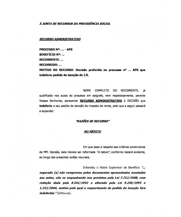 Recurso Administrativo contra o INSS. - ADMINISTRATIVO | Modelo Petições  Gratuitas